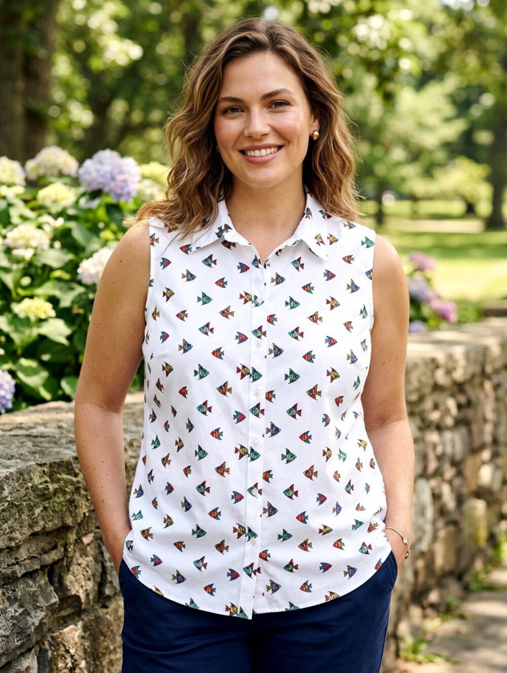 Lands' End White Sleeveless Button-Front Shirt with Fish Print, Size L (14-16)